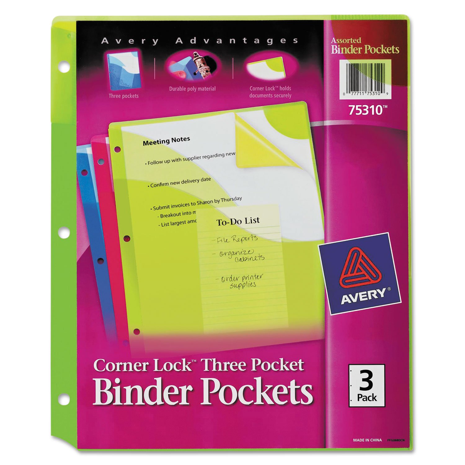 198673.jpg Avery Corner Lock Three-Pocket Binder Pocket, 9.25 x 11.25, Assorted Color, 3/Pack (75310) - Image 1